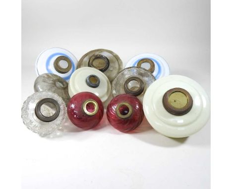 A collection of ten various coloured glass oil lamp glass fonts (10)
