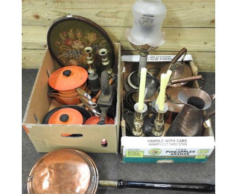 A Victorian copper kettle, together with Le Creuset, an oil lamp and a bed warmer
