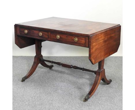 A Regency mahogany and ebony strung sofa table, with a hinged top, on a splayed base93w x 68d x 71h cmOverall condition is co