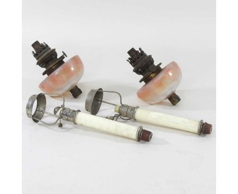 A pair of 19th century opaline glass peg oil lamp fonts, 12cm diameter and parts