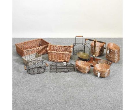 A collection of baskets, together with a balance scale, 38cm high