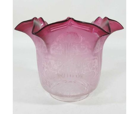 An etched glass oil lamp shade, with a cranberry coloured frilled rim, 10cm apertureDirty with some light marks. The rim of t