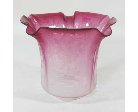 An etched oil lamp shade, with a red frilled rim, 10cm apertureOverall looks to be complete, but dirty with some light signs 