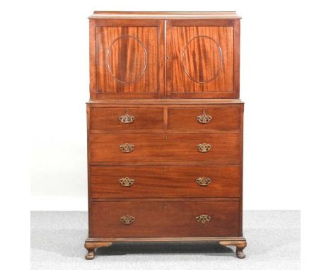 A 1920's mahogany cabinet on chest, on cabriole legs92w x 49d x 145h cmOverall condition is solid and usable but scruffy. Var