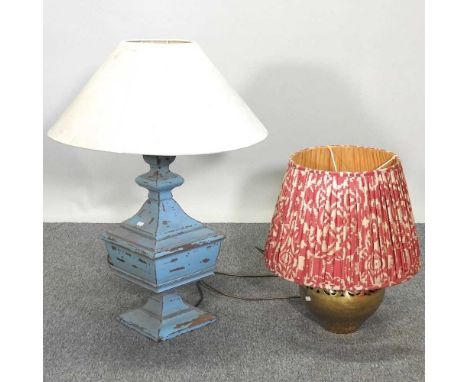 A large blue painted table lamp and shape, 84cm high, together with a brass table lamp and shade smaller (2)