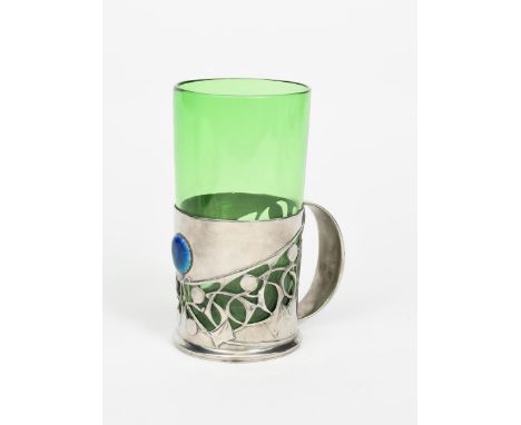 A Liberty Tudric pewter and enamel mug with green glass liner designed by Archibald Knox,  model no.0534, cylindrical, pierce