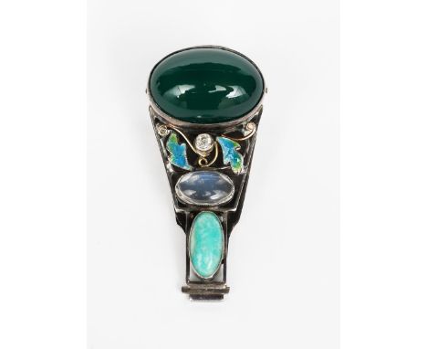 A George Hunt silver and enamel clip brooch, the tapering body with applied scrolling wirework and foliage enamelled blue and