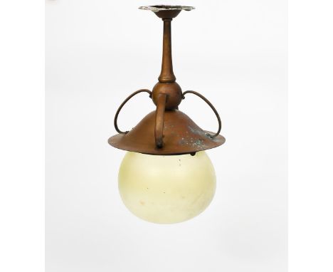 A Jesson Birkett &amp; Co patinated brass ceiling light and vaseline shade,  knopped stem with flaring domed mantel with four