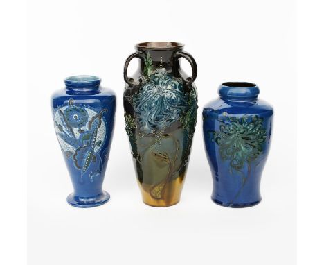 A C H Brannam Barum Ware vase by Frederick Braddon,  dated 1907, shouldered form with three applied handles, slip decorated w