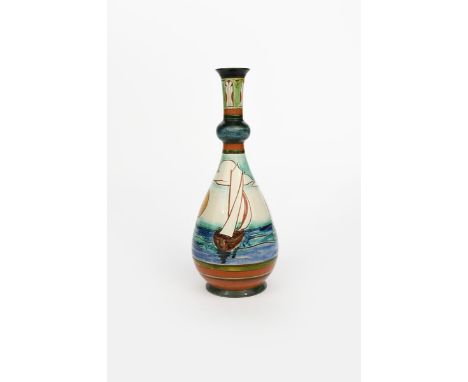 A Della Robbia Pottery bottle vase by Cassandia Annie Walker, the pear shaped body with knopped neck and flaring rim, incised