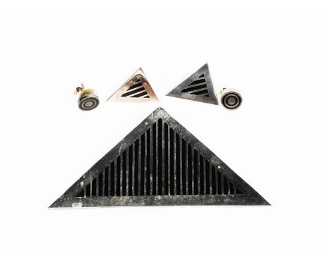 ‡Wendy Ramshaw CBE (1939-2018) Picasso Ladies a silver plate on gilded metal and black enamel brooch and stud earrings set, a