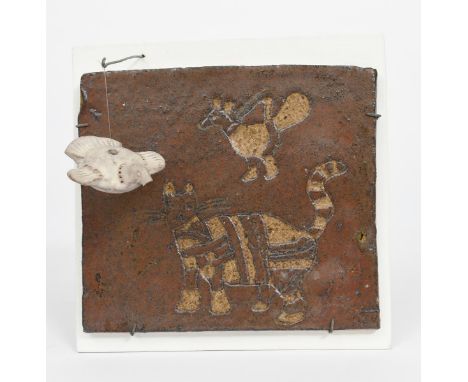 ‡John Maltby (1936-2020) a stoneware tile, resist decorated with a cat and bird design in tenmoku, mounted by Jon Catleugh, w