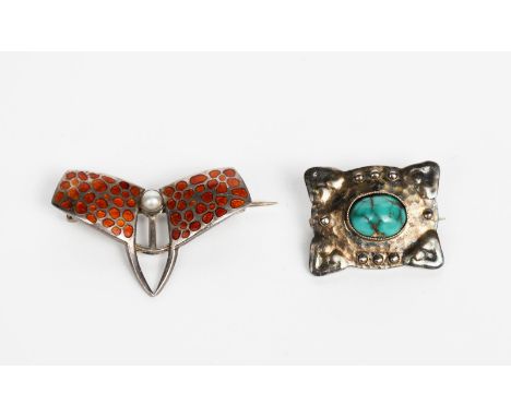 A Murrle Bennett silver and turquoise brooch, rectangular section, cast in low relief with foliate design, set with central t