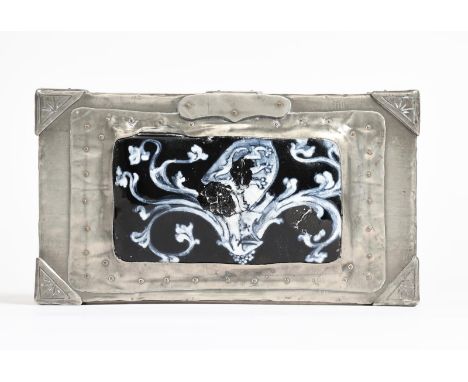 A pewter and enamel casket by George Hunt,  rectangular footed form, the pewter with strap-work decoration, with cedar wood l