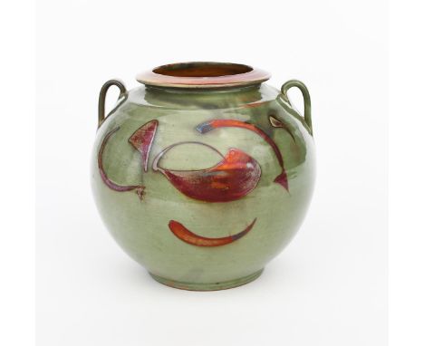 ‡Alan Caiger-Smith MBE (1930-2020) an Aldermaston Pottery vase, ovoid with twin-loop handles and collar rim, painted design i