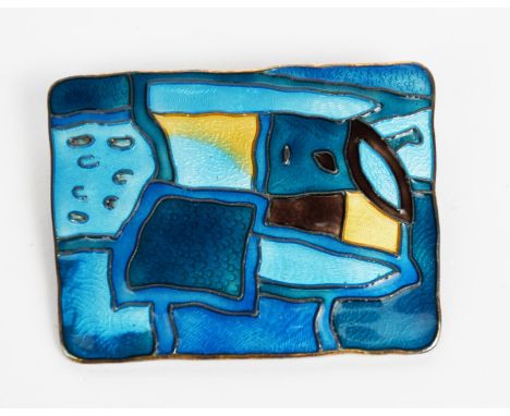 A David Anderson silver gilt and enamel brooch, rounded rectangular section cast in low relief with a geometric design enamel