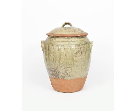 ‡Richard Batterham (born 1936) a large stoneware jar and cover, with modelled handles, cut band decoration, partially glazed 