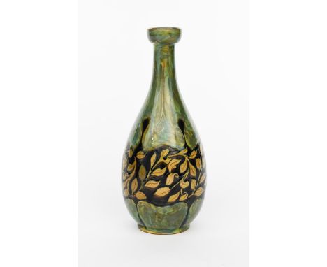 An Art Nouveau Della Robbia pottery vase by Liz Wilkins,  dated 1898, pear shaped with slender solifleur neck and knopped rim