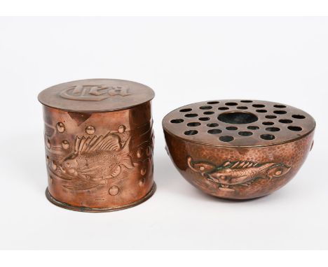 A small Newlyn Industrial Classes repousse copper rose bowl and cover,  hammered in low relief with a scalyfish before waterw