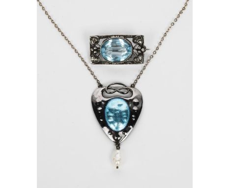 A Charles Horner Secessionist silver and enamel pendant necklace, pierced and cast in low relief, with pale blue enamel panel