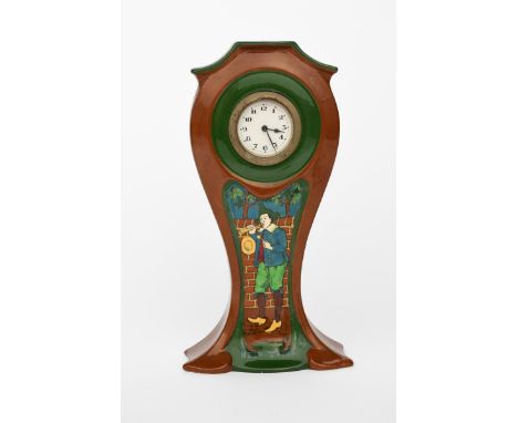 'Keep Time' a Foley Intarsio mantel clock designed by Frederick Rhead, model no.3331, printed and painted in colours with a m