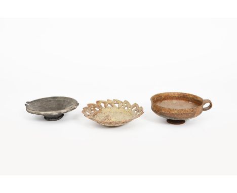 ‡Ian Godfrey (1942-1992) Bowl with pierced rim stoneware, footed form with geometric rim, covered in a buff glaze, another fo