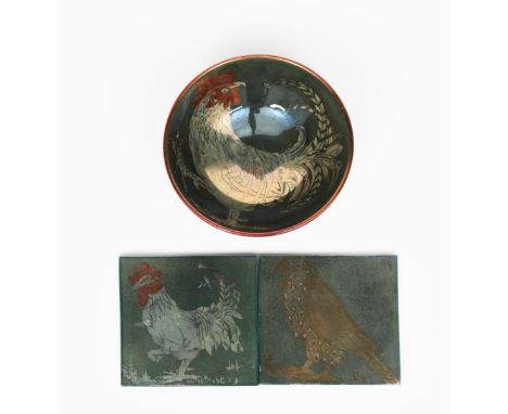 ‡Jonathan Chiswell Jones (born 1944) a lustre bowl, footed form, painted to the well with a cockerel, in ruby and golden lust
