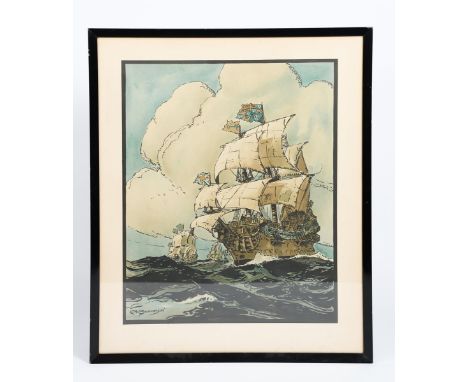 Cyril A Wilkinson, attributed Galleon lithograph on paper, published by Vincent Brooks, framed signed in the print 58 x 46cm.