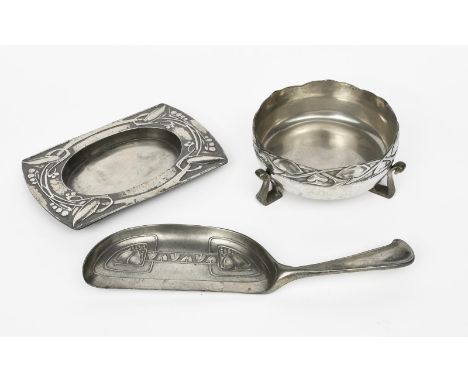 A Liberty &amp; Co  Tudric Pewter crumb scoop designed by Archibald Knox, model no.0509, cast in low relief with berried ivy 