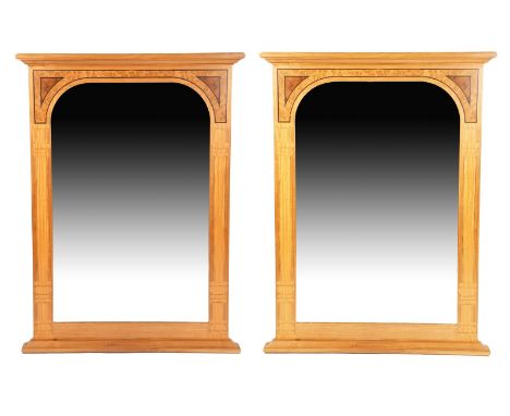 A pair of David Linley large wall mirrors,  dated 1996, rectangular cherry wood with flaring mantel and base, marquetry decor