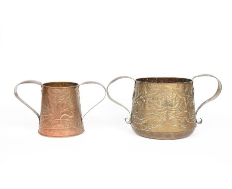 A Yattendon copper twin-handled vase designed by Mrs Alfred Waterhouse, tapering cylindrical from with applied handles, hamme