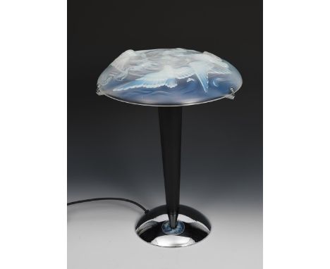 A Moderne table lamp with Art Deco Verlys Les Canard Sauvage  opalescent glass bowl shade,  the opalescent glass cast in reli