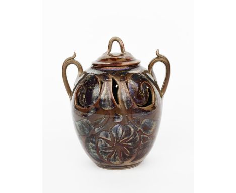 ‡Alan Caiger-Smith MBE (1930-2020) an Aldermaston Pottery vase and cover, 1973 shouldered twin-handled form with pierced deco