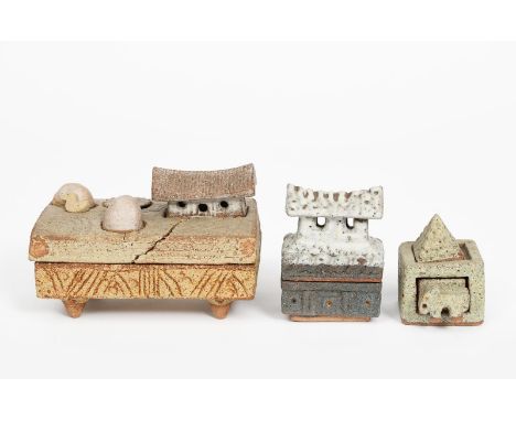 ‡Ian Godfrey (1942-1992) House Casket, 1974 a stoneware box and cover, glazed in black and white, another smaller casket and 