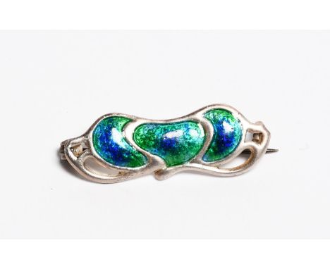 A Charles Horner silver and enamel brooch,  cast in low relief with foliate panels, enamelled blue and green stamped marks, C