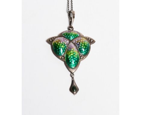 A Smith &amp; Ewen silver and enamel pendant necklace, cast in low relief, enamelled in green, yellow and pink, with simple d