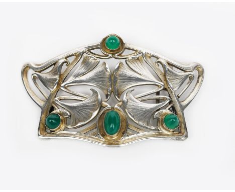 A continental Jugendstil silver belt buckle in the manner of Theodore Fahrner, pierced and cast with Ginko leaf design set wi