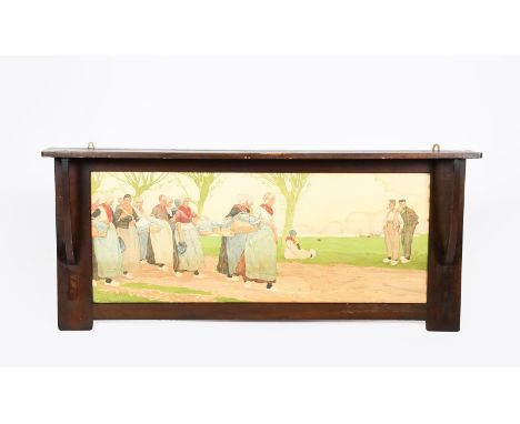 A Liberty &amp; Co mahogany overmantel inset with Dutch Scene lithographic print,  rectangular with overhanging plate shelf, 