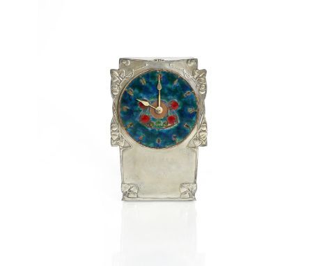 A Liberty &amp; Co Tudric Pewter and enamel mantel clock designed by Archibald Knox, model no.0609, rectangular form, cast in