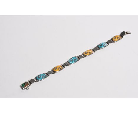 A James Fenton silver and enamel link bracelet, the panels cast with entrelac motif alternately enamelled yellow and blue, st