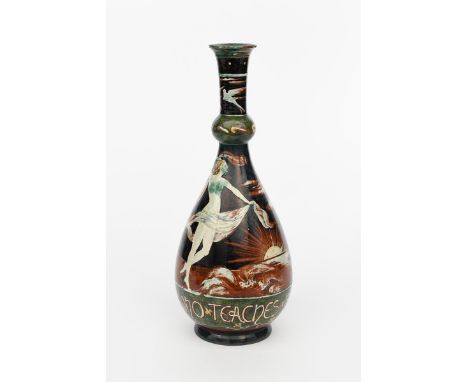 A Della Robbia Pottery Irish Clay bottle vase by J Delahunt,  dated 1902, the pear shaped body with knopped neck and flaring 