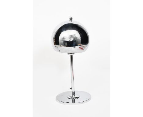 A Modernist chromed metal table lamp, disc base with central shallow dome, cylindrical stem and domed chrome shade, unsigned,