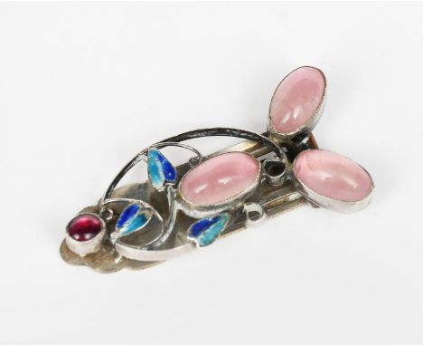 A George Hunt silver and enamel clip  brooch,  the scrolling wirework frame with three leaves enamelled blue and turquoise, s