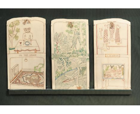 ‡Alison Britton OBE, (born 1948) In The Home, In the Jungle, In the Museum, three ceramic plaques in common mount, eight cera