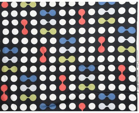 'Abstract' a pair of David Whitehead fabric lengths designed by Jon Catleugh, screen printed cotton in colours on a black gro
