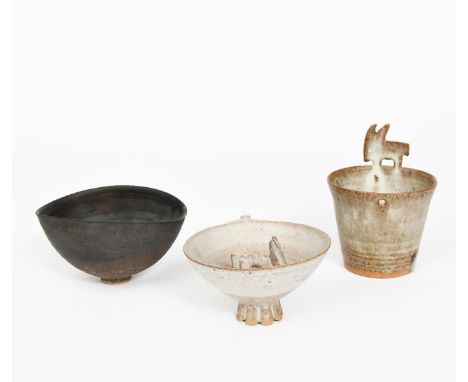 ‡Ian Godfrey (1942-1992) Antelope bowl on foot stoneware covered in an off white glaze, a peep-hole Antelope beaker by Ian Go