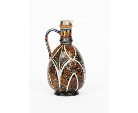 A Doulton Lambeth stoneware ewer with silver mount,  by Emily Edwards, dated 1878, ovoid, footed form with knopped cylindrica