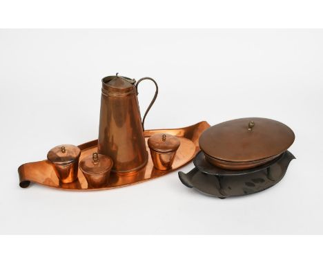 A W A S Benson copper and brass tureen and cover on stand,  elliptical with slightly domed cover on twin-handled tray, on ebo