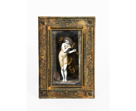 Dancing Girl a Limoges enamel plaque by Marie D'Ollendon, rectangular, painted with a woman in diaphanous gold veil, standing