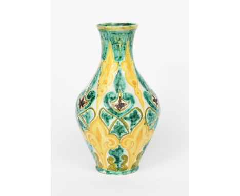 A Della Robbia Pottery vase by Hannah Jones, shouldered ovoid form with flaring cylindrical neck, incised and painted with st